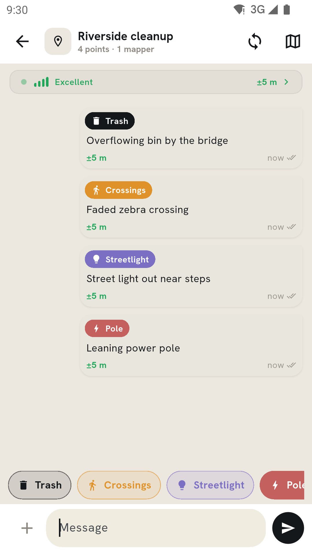 A chat thread where each message is a mapped point